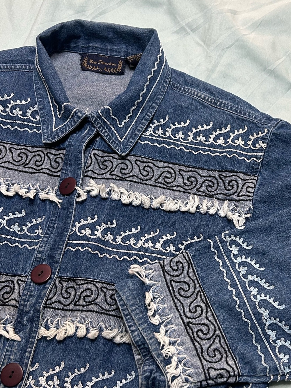 new directions Blue Embroidered Fringe Jean Jacket